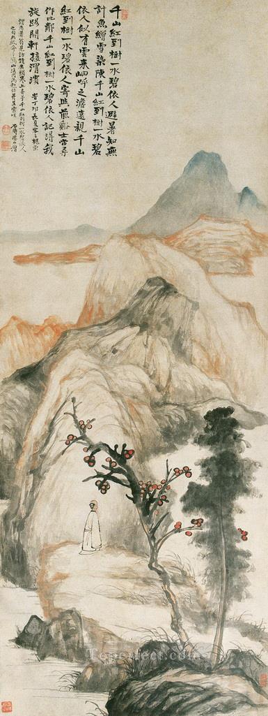 Shitao red tree in mountains old Chinese Oil Paintings
